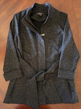 Renuar Dark Gray Leopard Print Belted Trench Coat